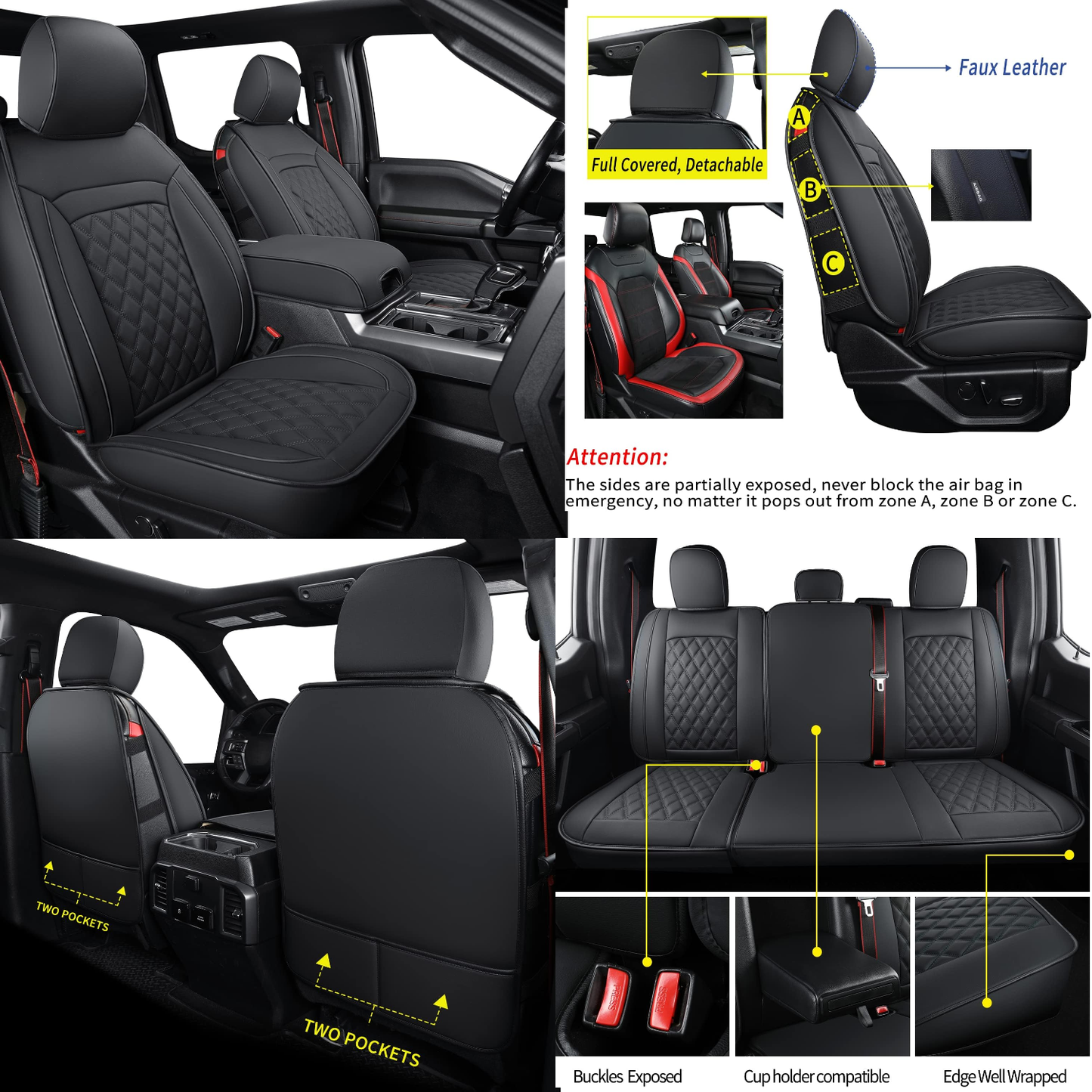 F150 Faux Leather Seat Covers Fit for 2015-2024 F150 SuperCrew and 2017-2024 F250 F350 F450 Super Duty Crew Cab Pickup Trucks