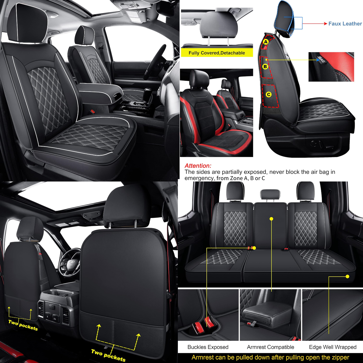 F150 Faux Leather Seat Covers Fit for 2015-2024 F150 SuperCrew and 2017-2024 F250 F350 F450 Super Duty Crew Cab Pickup Trucks