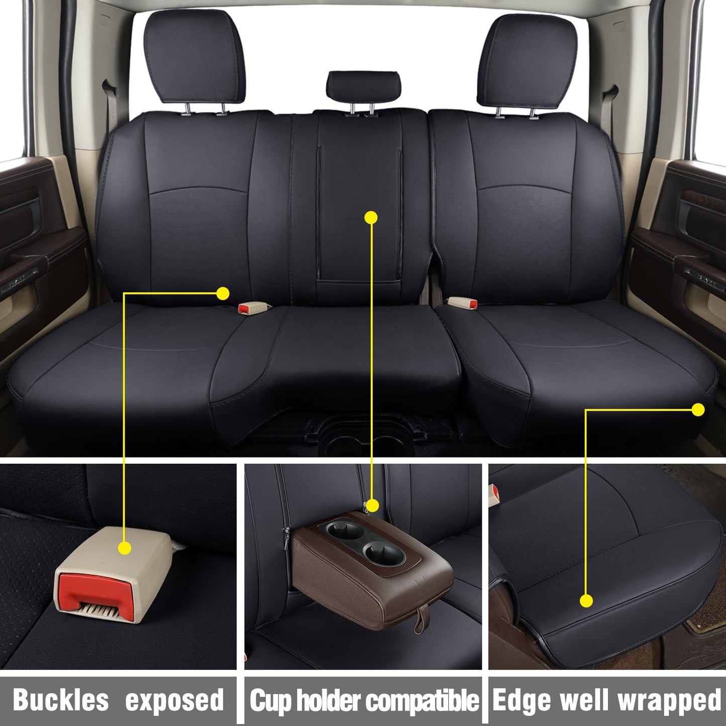 Ram 1500 2011-2019 2020 2021 2022 2023 2024 Crew Cab Waterproof Seat Covers FullSet, Custom Fit Ram Bighorn Laramie Limited Rebel Longhorn Pickup with 4/6 Split Rear Seat