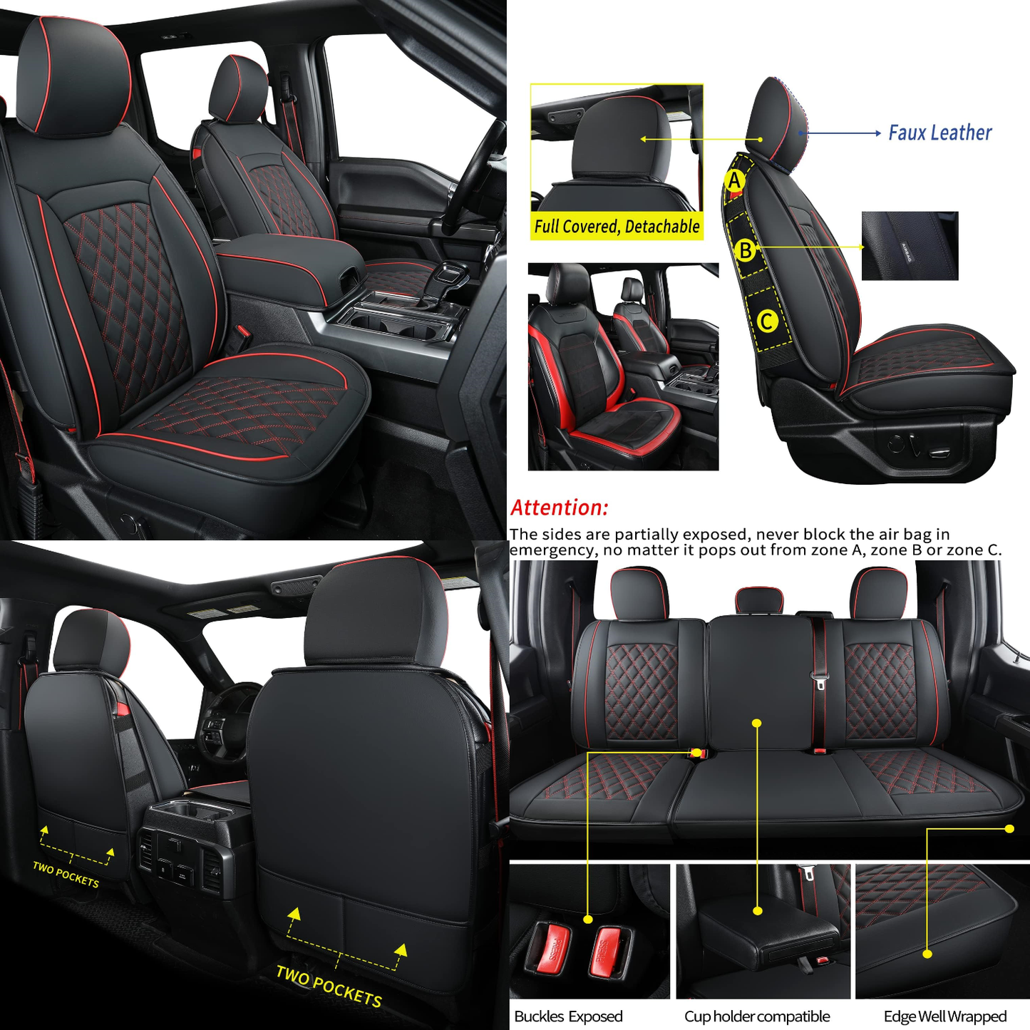F150 Faux Leather Seat Covers Fit for 2015-2024 F150 SuperCrew and 2017-2024 F250 F350 F450 Super Duty Crew Cab Pickup Trucks