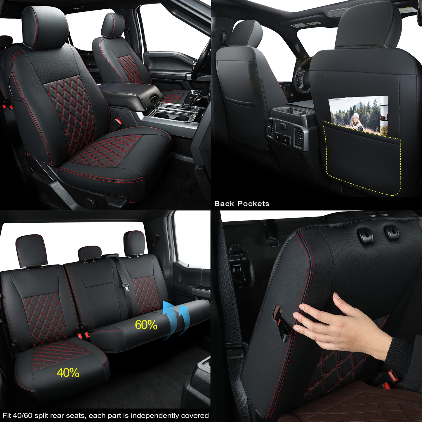 F150 SuperCrew 2015-2024 Custom Pickup Car Truck Seat Covers XLT, Waterproof Faux Leather, Full Coverage, Also Fit 2017-2023 F250/F350
