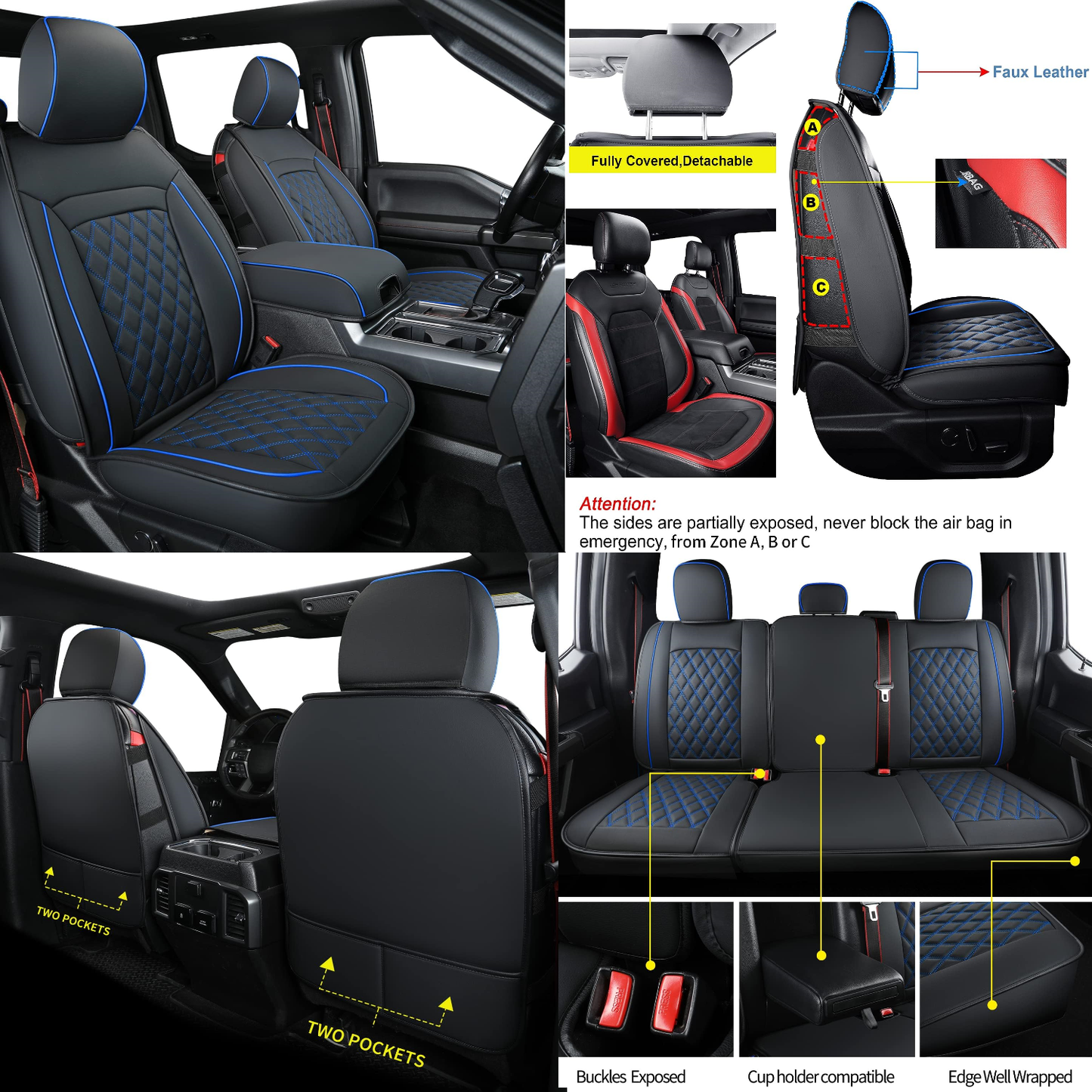F150 Faux Leather Seat Covers Fit for 2015-2024 F150 SuperCrew and 2017-2024 F250 F350 F450 Super Duty Crew Cab Pickup Trucks