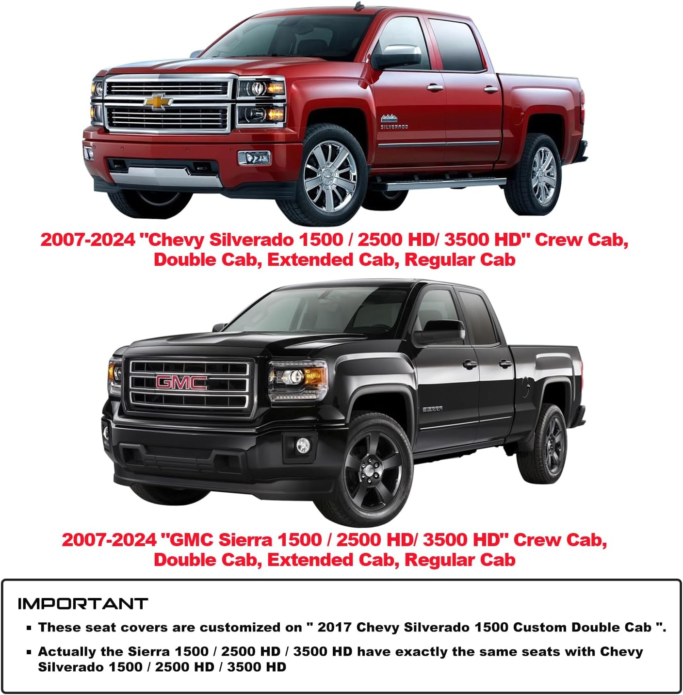 2007-2024 GMC Sierra Chevy Chevrolet Silverado 1500 2500HD 3500HD Trail Boss Z71 Crew Double Extended Cab Waterproof Leather Truck Pickup Cuchion