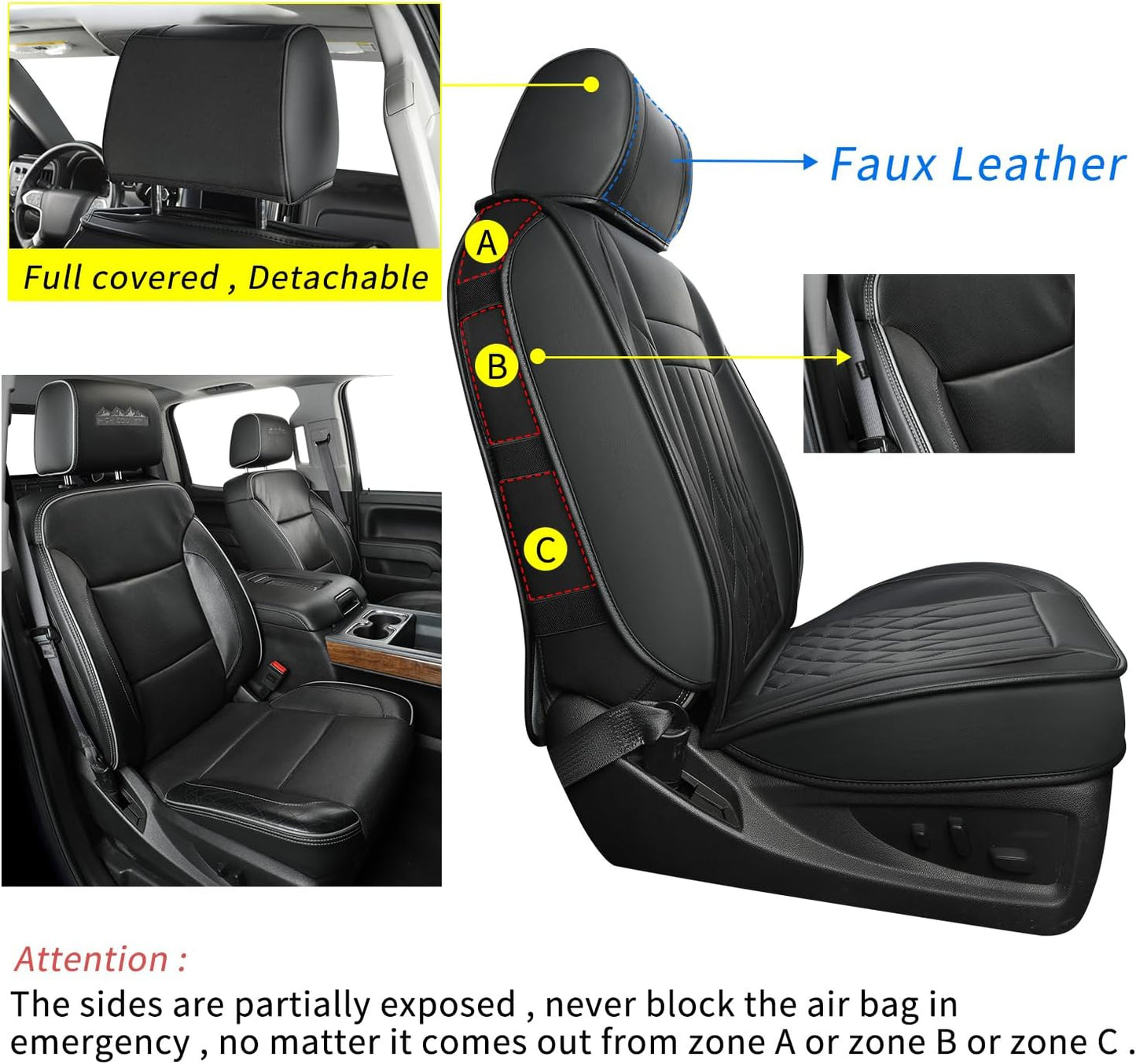Silverado Faux Leather Seat Covers, Fit for 2014-2024 Chevy Silverado GMC Sierra 1500 and 2020-2024 2500HD 3500HD Crew Cab