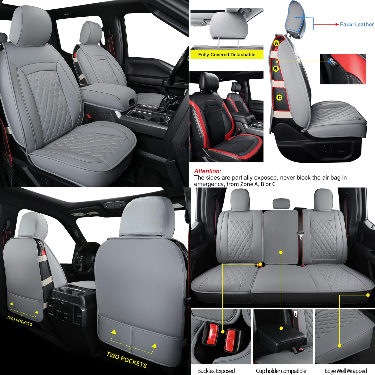 F150 Faux Leather Seat Covers Fit for 2015-2024 F150 SuperCrew and 2017-2024 F250 F350 F450 Super Duty Crew Cab Pickup Trucks