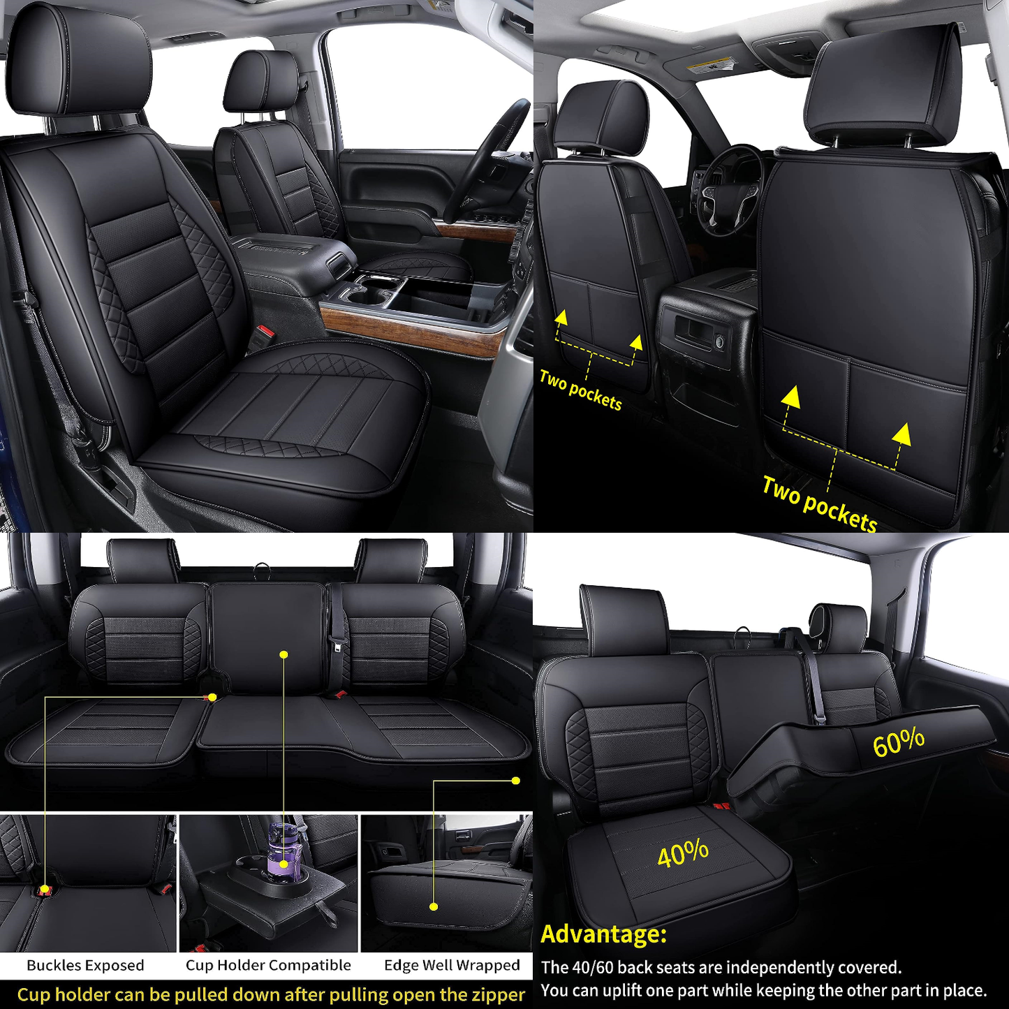 Silverado Seat Covers, Fit for 2019-2023 Chevy Silverado GMC Sierra 1500 and 2020-2023 2500HD 3500HD Crew Cab Water Proof Faux Leather