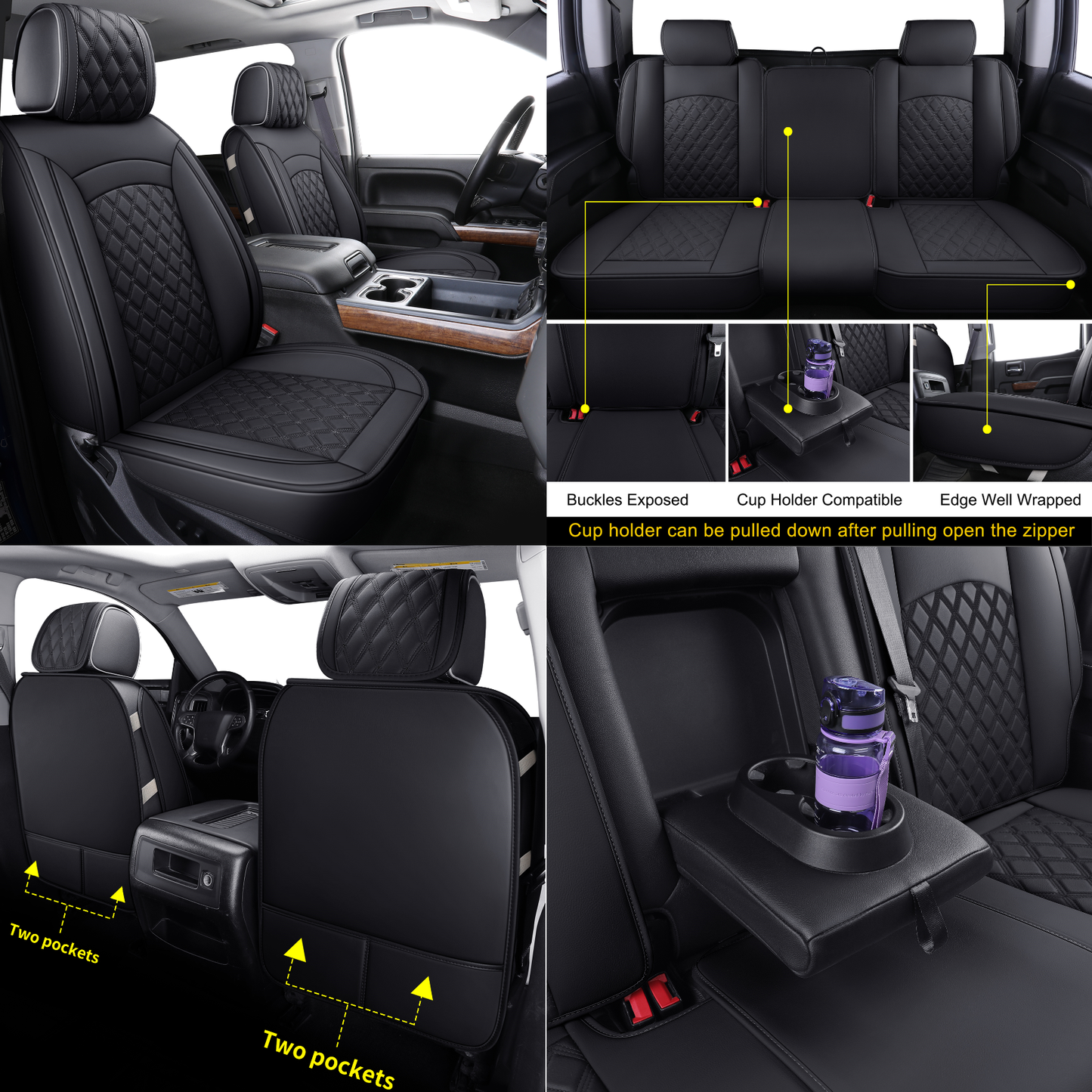 Chevy Silverado GMC Sierra Truck Seat Covers Trail Boss Z71 Pickup 2007-2024 1500 2500HD 3500HD Crew Double Extended Cab Waterproof Leather