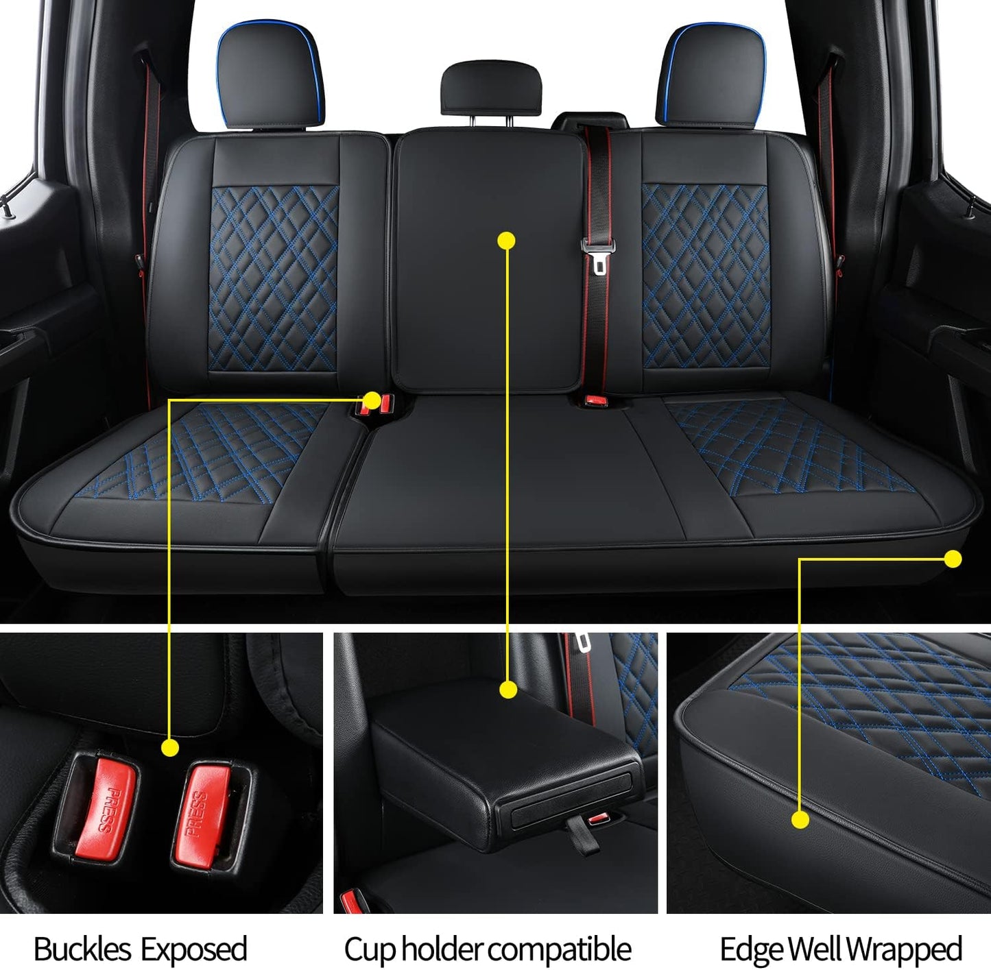 Ford F150 seat covers Fit 2009-2024 F150 SuperCrew and 2017-2024 F250 F350 Crew Cab  With armrest box cushion, all seasons, waterproof leather cushions