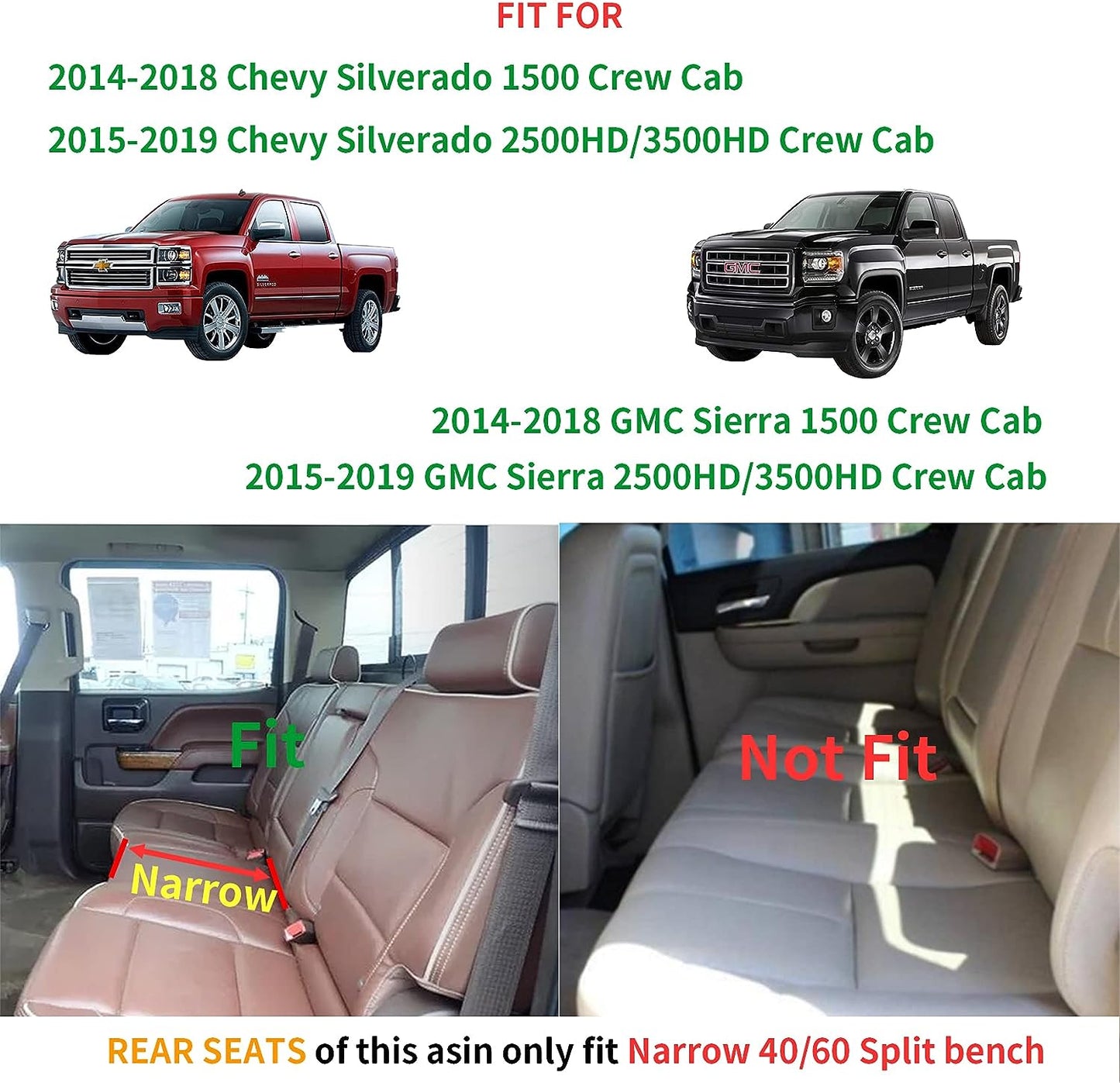 Silverado Seat Covers, Fit for 2019-2023 Chevy Silverado GMC Sierra 1500 and 2020-2023 2500HD 3500HD Crew Cab Water Proof Faux Leather
